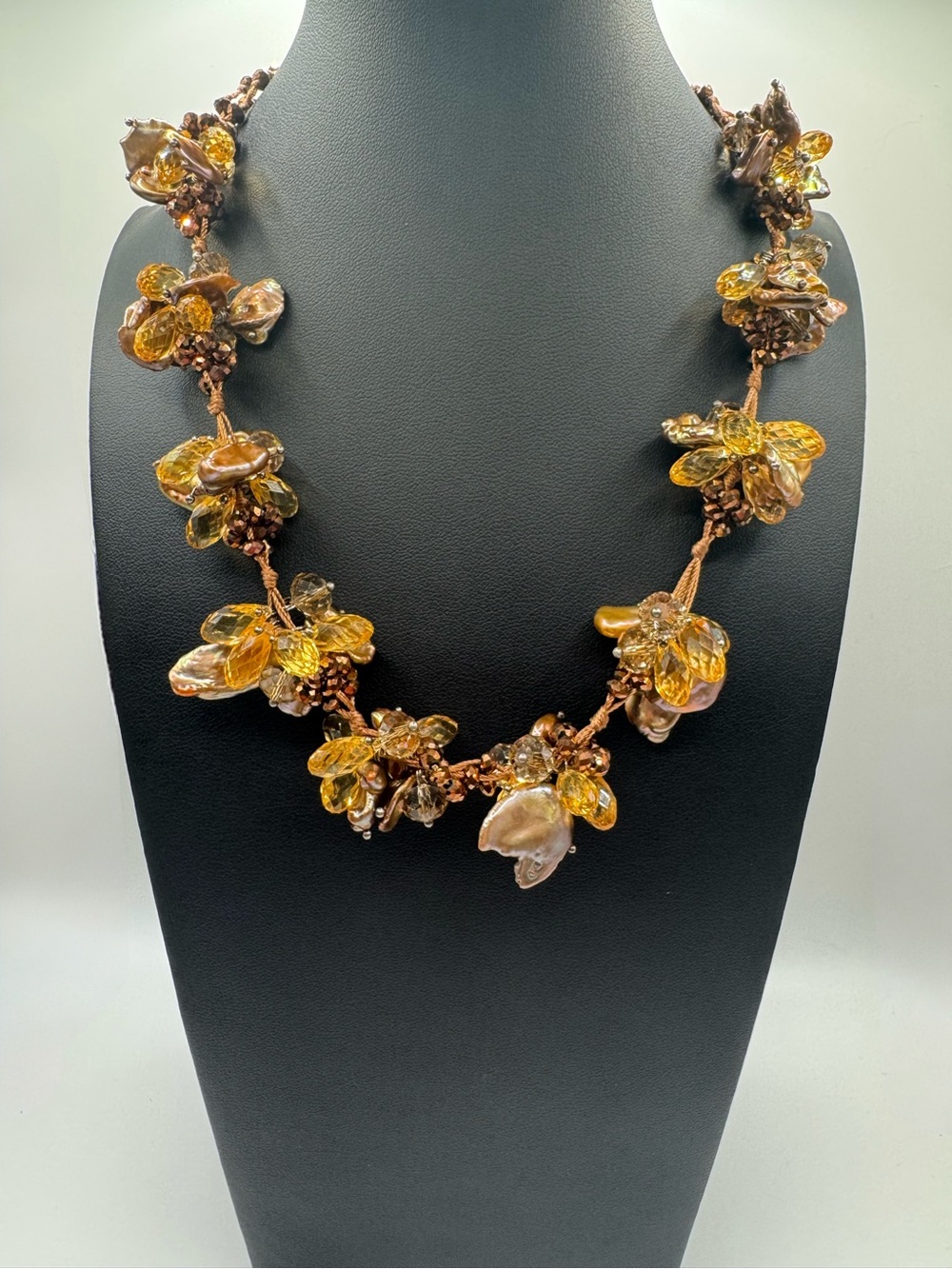 Handcrafted Amber & Citrine Flower Cluster Necklace - Yellow